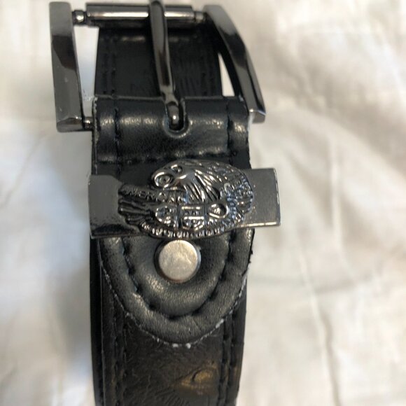 Black Genuine Leather Belt 46 in eagle details embossed - Picture 2 of 8
